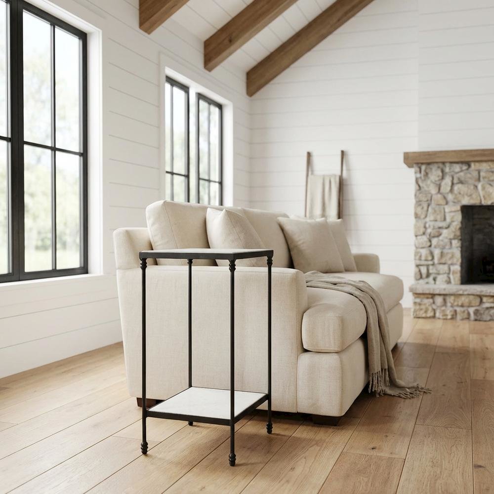 Square Marble Top Side Table with Shelf, Transitional Accent, Black. Picture 2