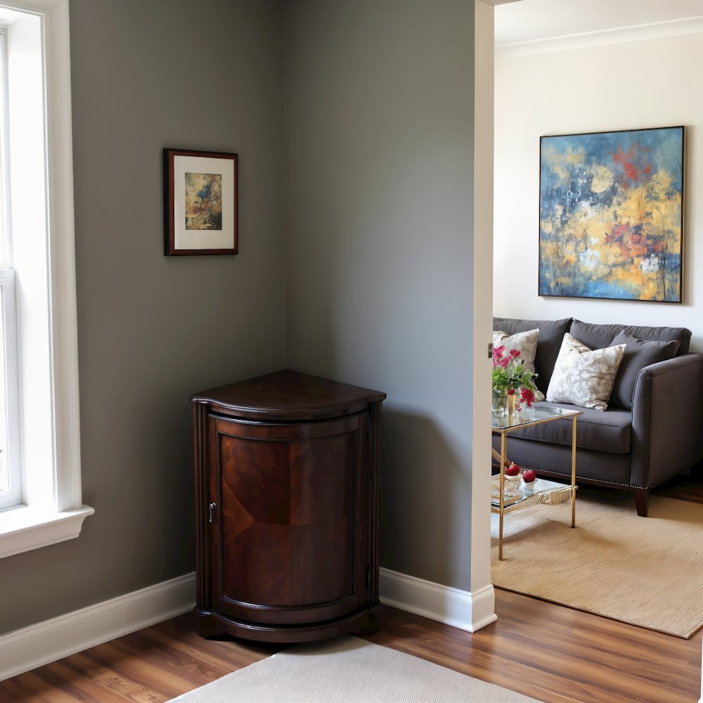 Dark Brown Corner Storage Cabinet with Doors for Compact Home Spaces. Picture 6