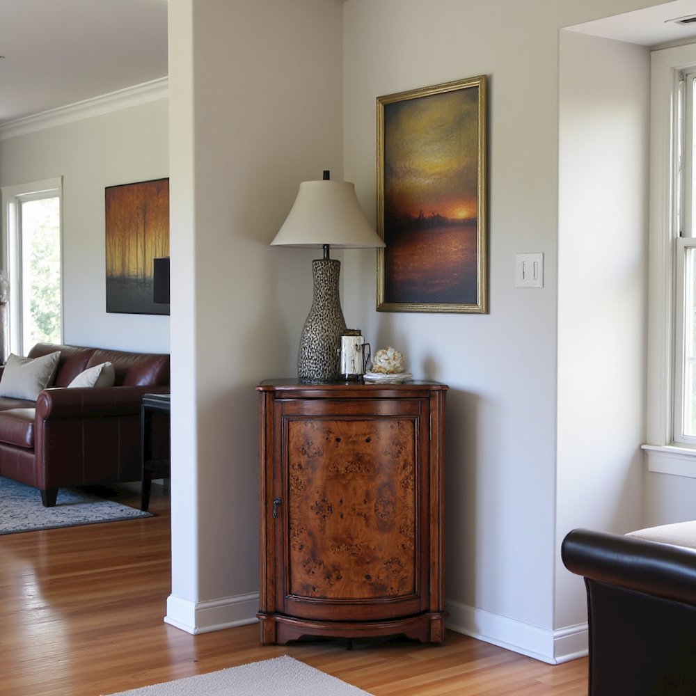 Medium Brown Small Corner Cabinet with Doors for Storage and Display. Picture 5