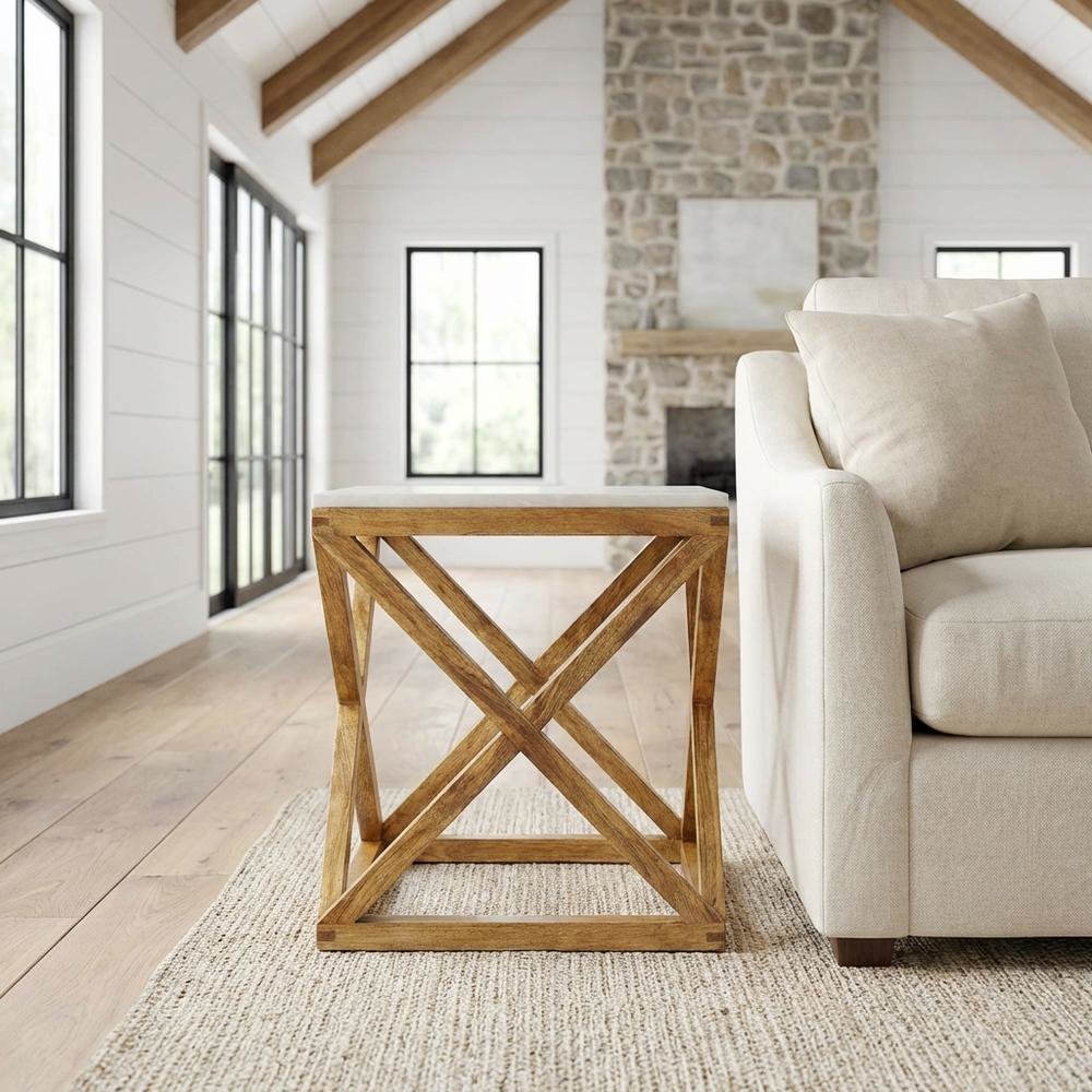 Square End Table with Marble Top, Modern Accent Side Table for Living Room. Picture 2