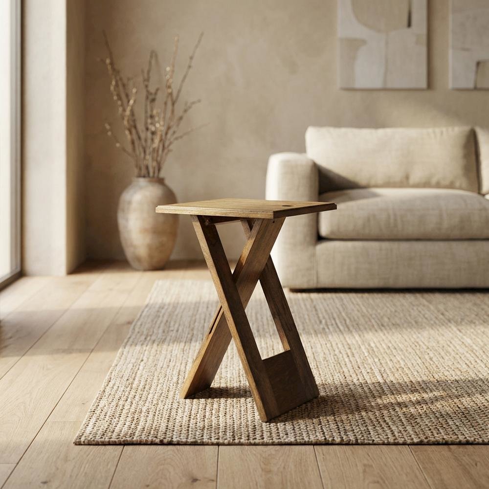 Square Folding Side Table, Transitional Wood Accent Table for Living Room, Brown. Picture 3