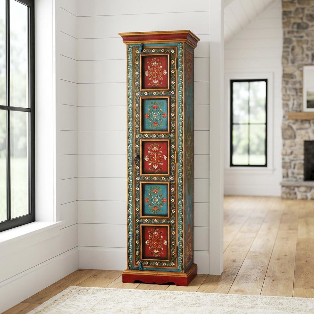 Hand Painted Tall Storage Cabinet, Boho Eclectic Accent Cabinet for Living Room. Picture 2
