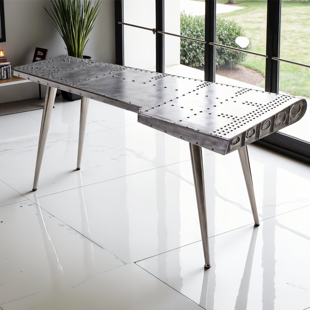 Silver Aviation-Style Desk with Aluminum Finish and Durable Steel Frame. Picture 5