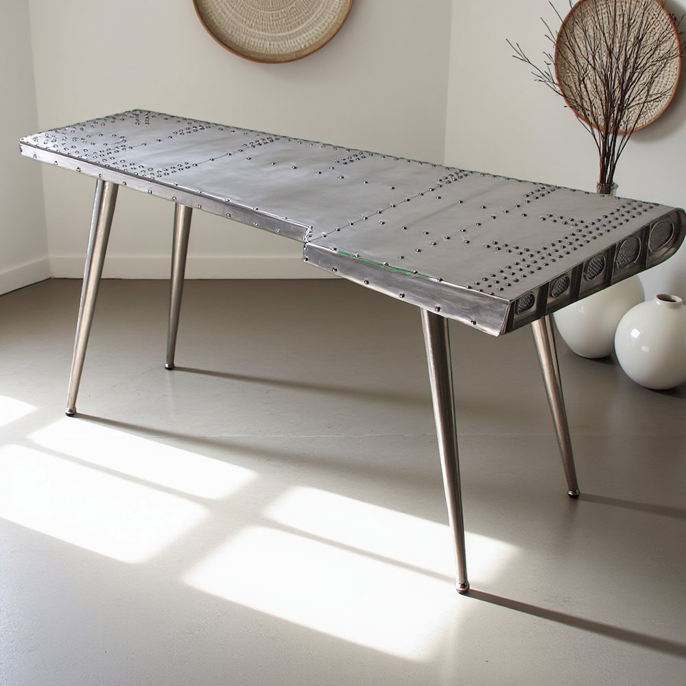Silver Aviation-Style Desk with Aluminum Finish and Durable Steel Frame. Picture 6