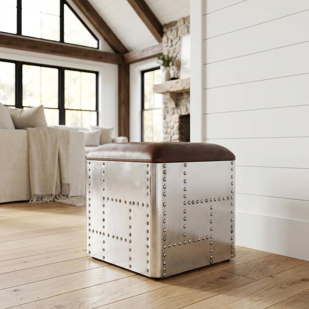 Square Industrial Ottoman Footstool with Distressed Finish for Living Room. Picture 2