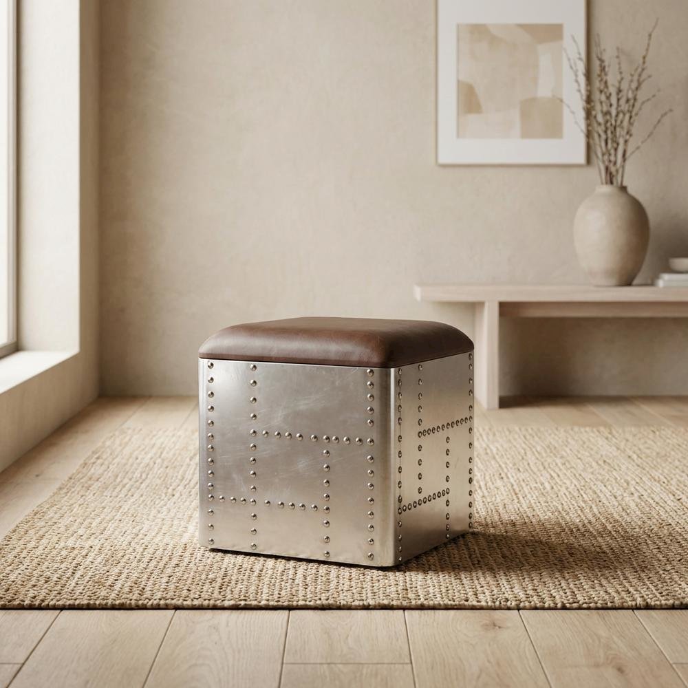 Square Industrial Ottoman Footstool with Distressed Finish for Living Room. Picture 3