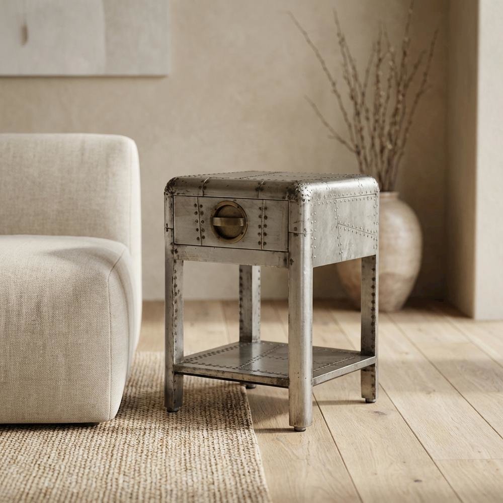 Industrial Side Table with Drawer, Square Wood End Table for Living Room. Picture 3