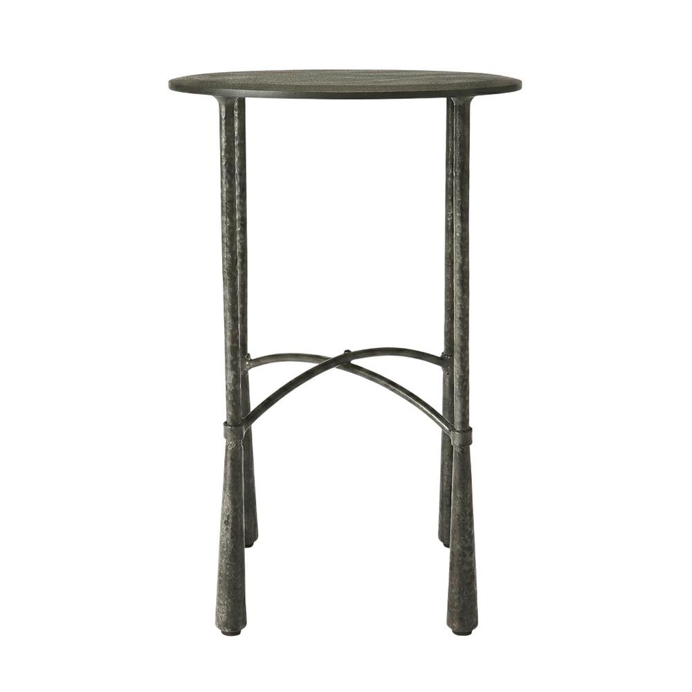 Round Side Table with Distressed Finish, Industrial Accent Table for Living Room. Picture 1
