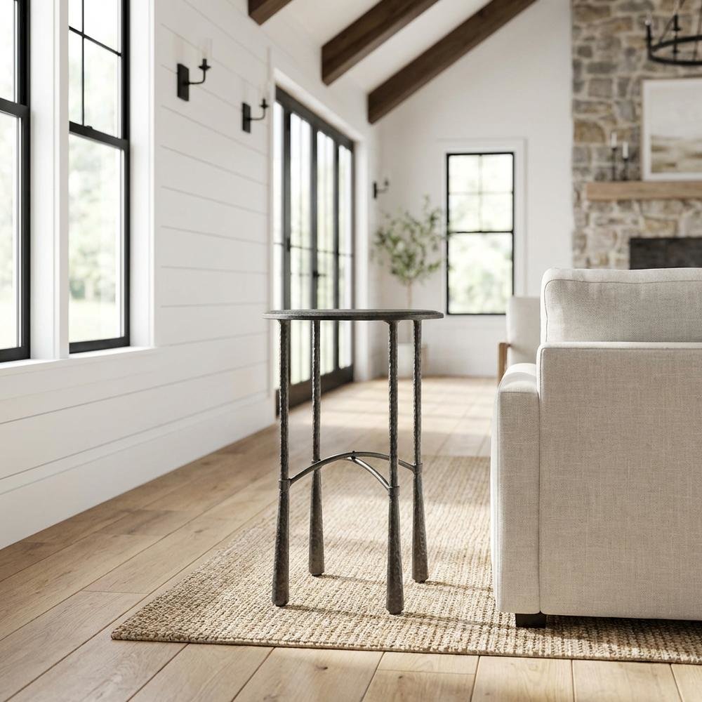 Round Side Table with Distressed Finish, Industrial Accent Table for Living Room. Picture 2