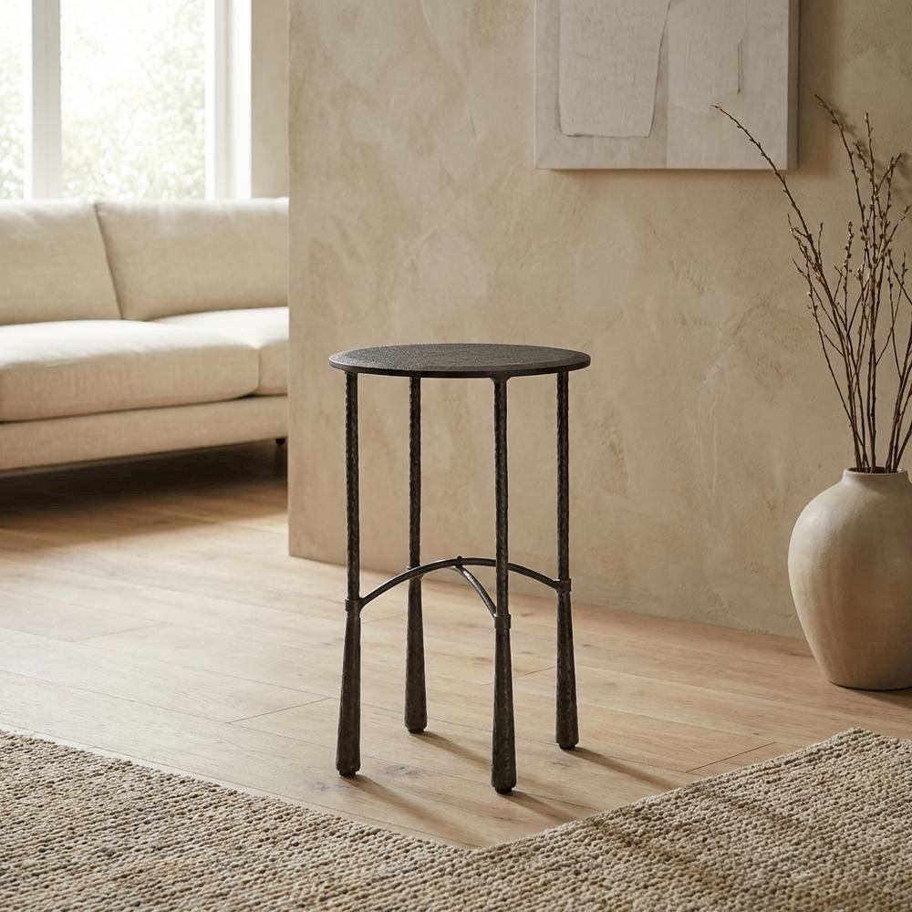 Round Side Table with Distressed Finish, Industrial Accent Table for Living Room. Picture 3