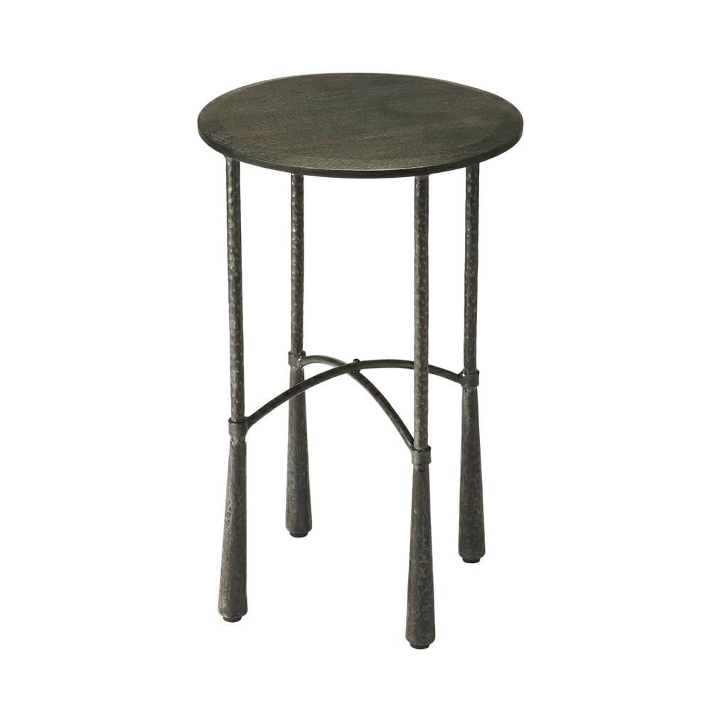 Round Side Table with Distressed Finish, Industrial Accent Table for Living Room. Picture 5