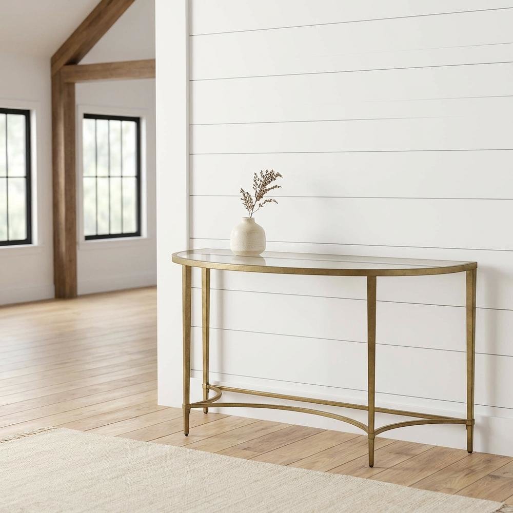 Demilune Console Table with Glass Top, Modern Contemporary Entryway Accent Table. Picture 2