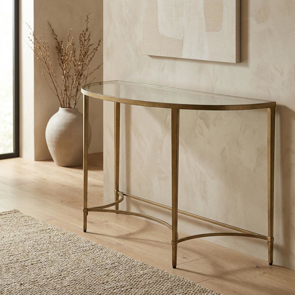 Demilune Console Table with Glass Top, Modern Contemporary Entryway Accent Table. Picture 3