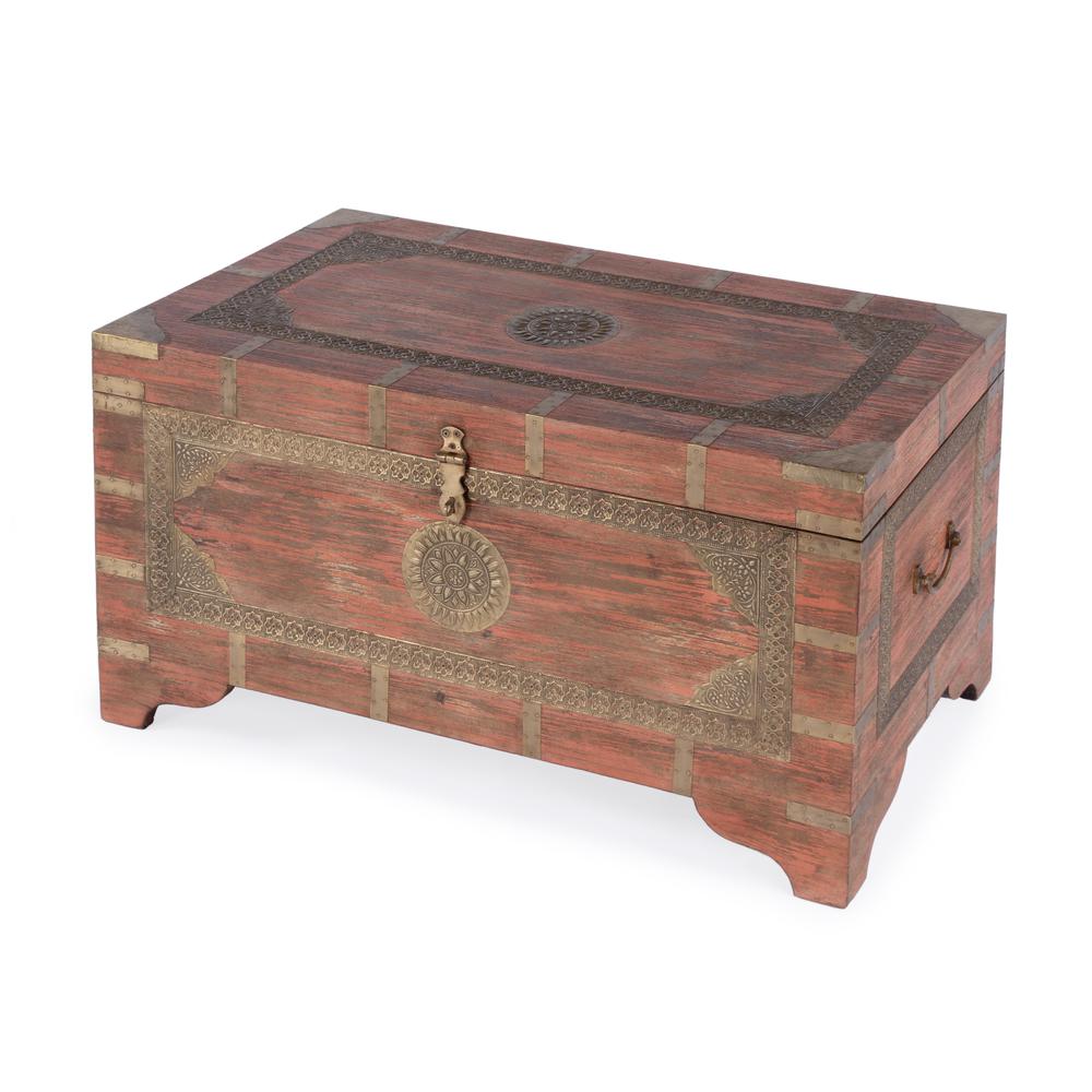 Nador Hand-Painted Brass Inlay Storage Trunk Coffee Table, Pink. Picture 1