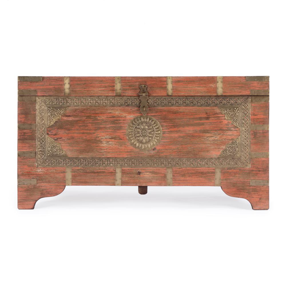 Nador Hand-Painted Brass Inlay Storage Trunk Coffee Table, Pink. Picture 4