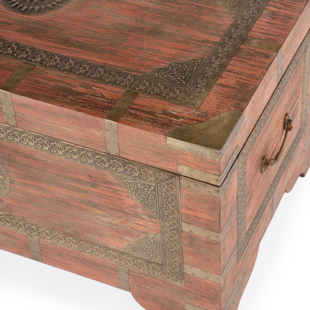 Nador Hand-Painted Brass Inlay Storage Trunk Coffee Table, Pink. Picture 7