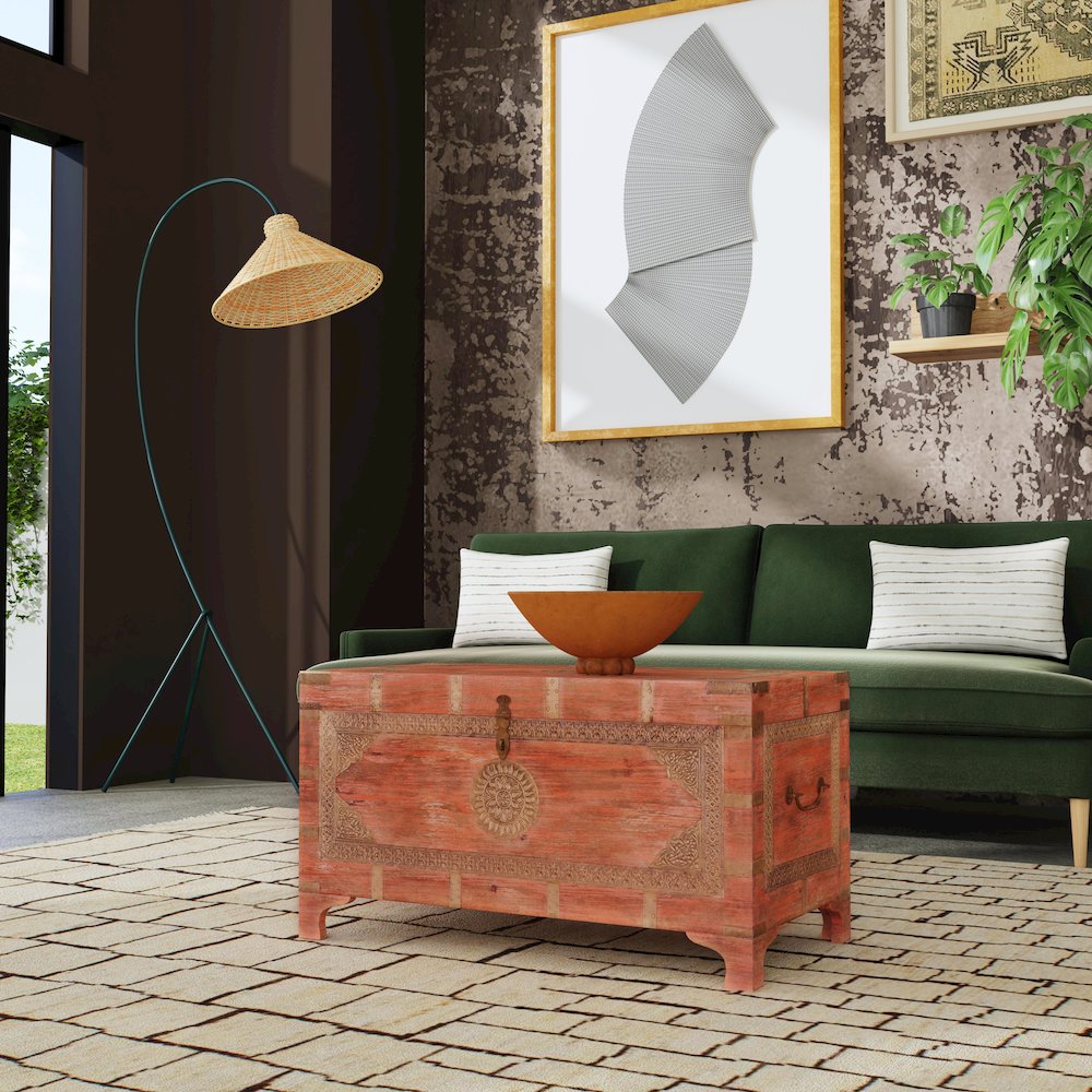 Nador Hand-Painted Brass Inlay Storage Trunk Coffee Table, Pink. Picture 10