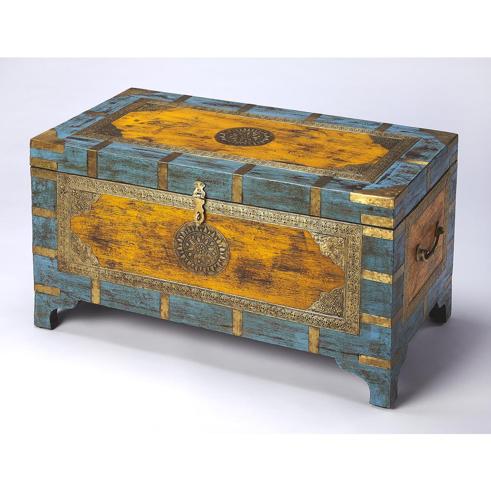 Nador Hand-Painted Brass Inlay Storage Trunk Coffee Table, Assorted. Picture 1