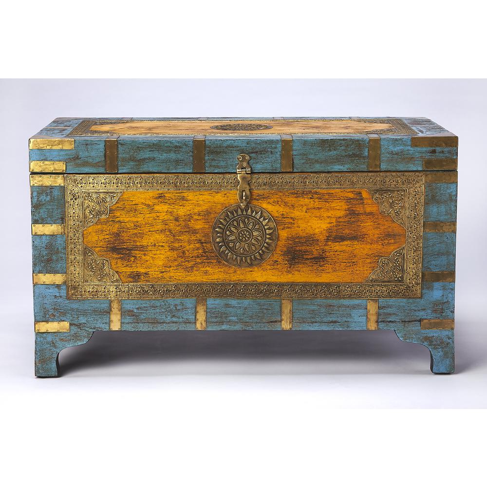 Nador Hand-Painted Brass Inlay Storage Trunk Coffee Table, Assorted. Picture 3