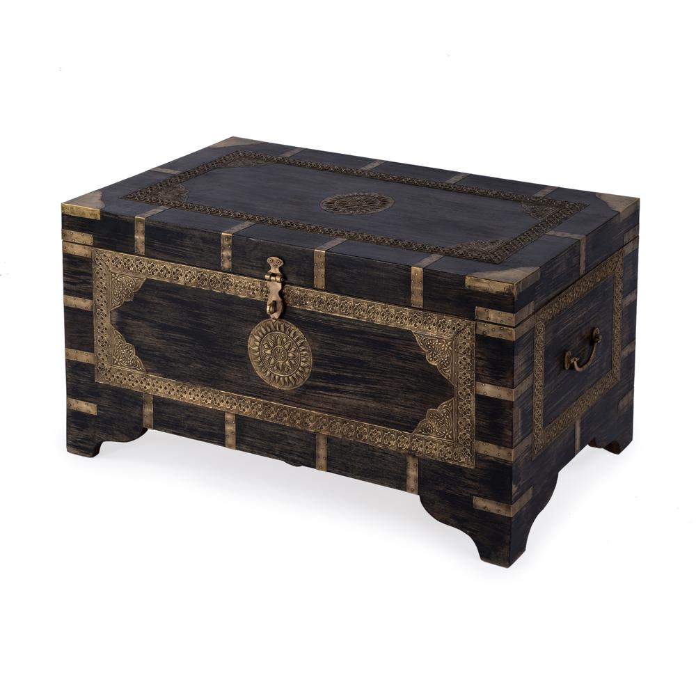 Nador Hand-Painted Brass Inlay Storage Trunk Coffee Table, Brown. Picture 1