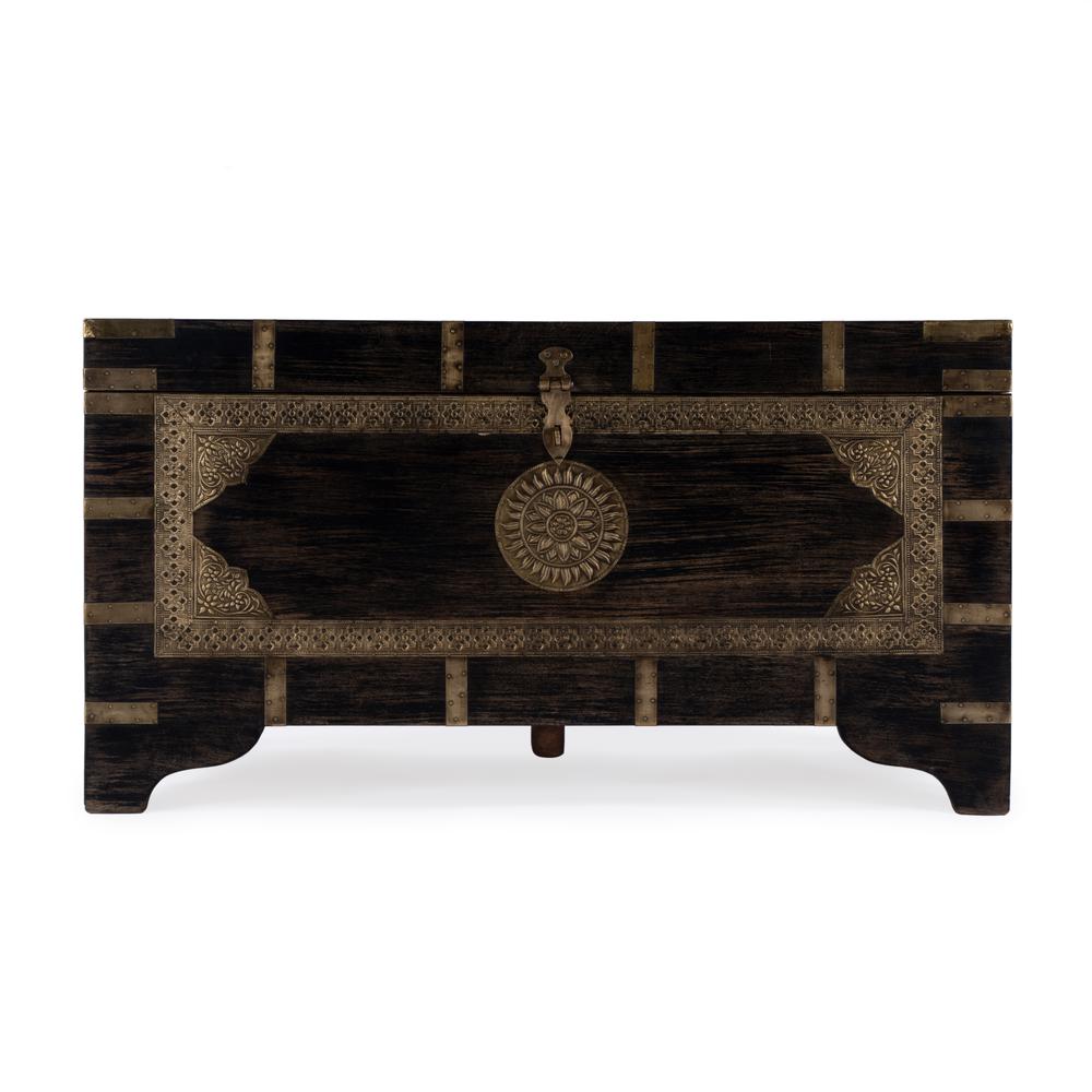Nador Hand-Painted Brass Inlay Storage Trunk Coffee Table, Brown. Picture 4