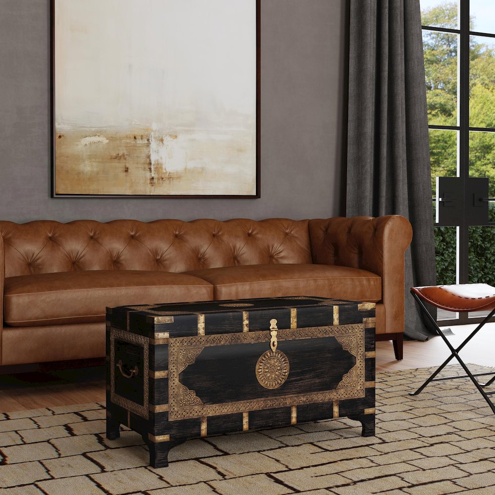 Nador Hand-Painted Brass Inlay Storage Trunk Coffee Table, Brown. Picture 11