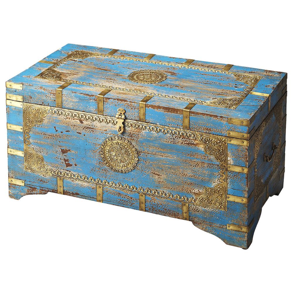 Neela Painted Brass Inlay Storage Trunk, Blue. Picture 1
