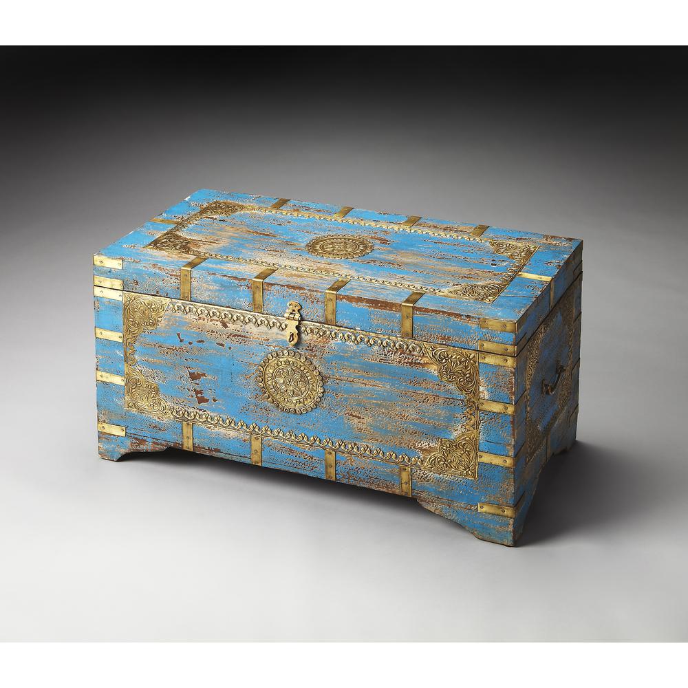 Neela Painted Brass Inlay Storage Trunk, Blue. Picture 3