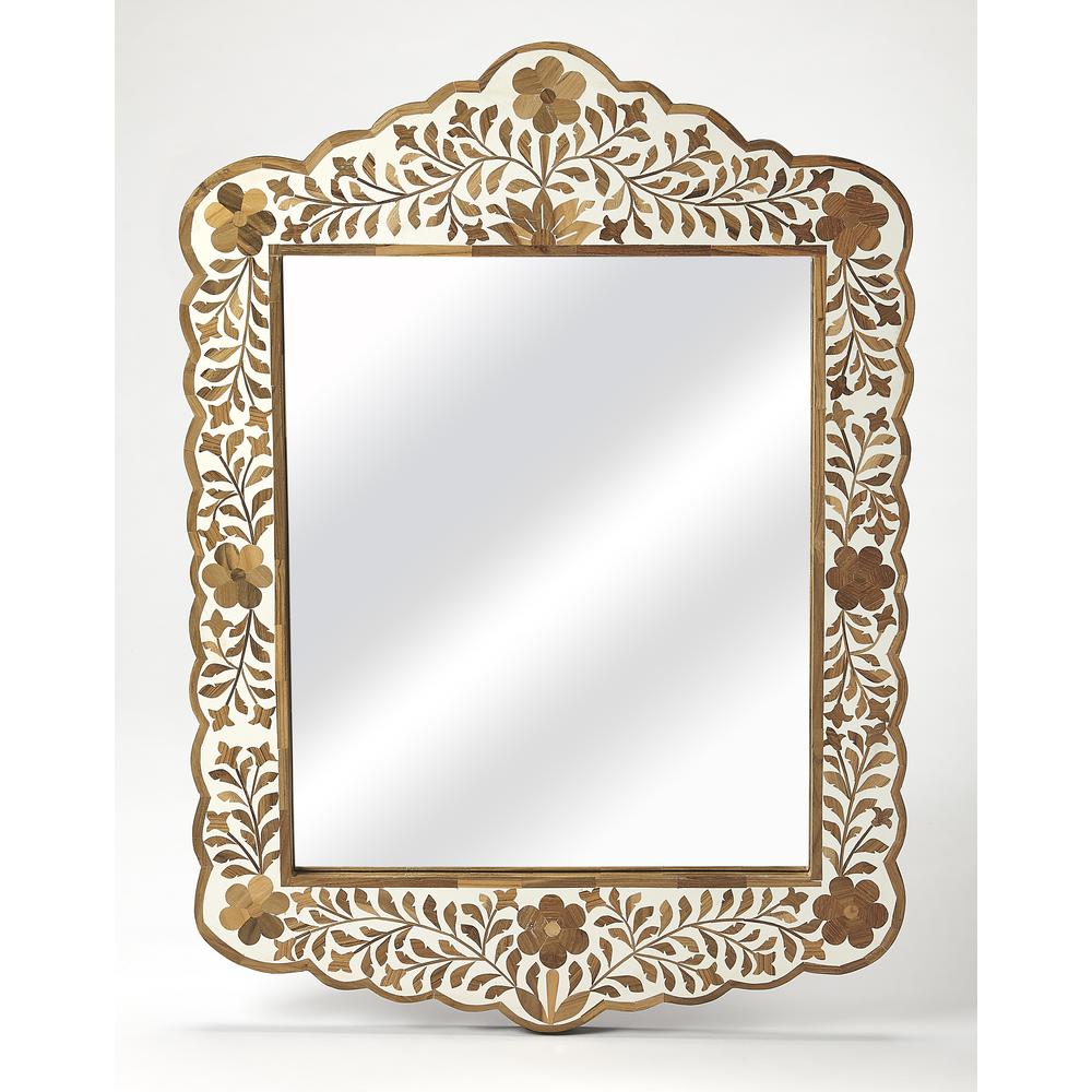 Vivienne Wood & Bone Inlay Wall Mirror, Light Brown. Picture 1