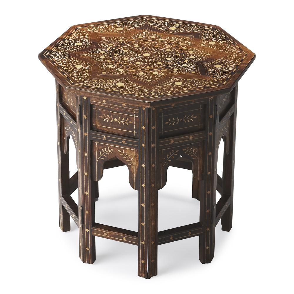 Rashmi Wood & Bone Inlay Side Table, Medium Brown. Picture 1