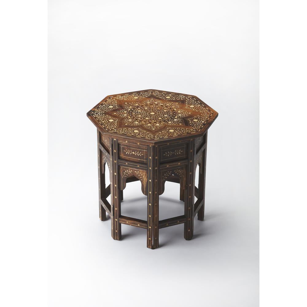 Rashmi Wood & Bone Inlay Side Table, Medium Brown. Picture 4