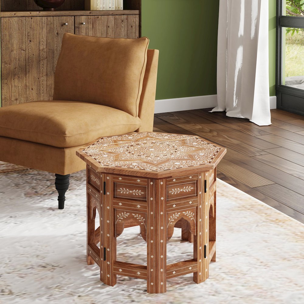 Rashmi Wood & Bone Inlay Side Table, Medium Brown. Picture 6