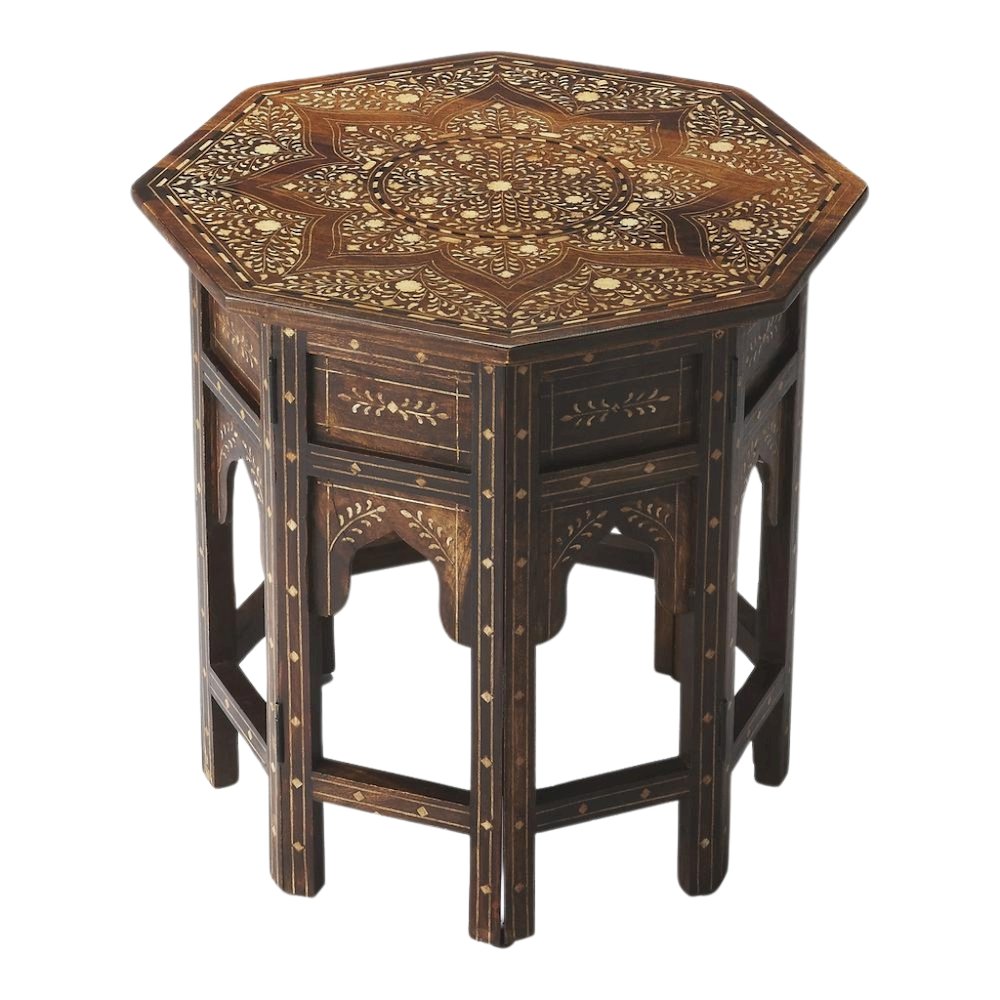 Vintage Side Table in Brown – Antique Side Table with Bone Inlay Design. Picture 1