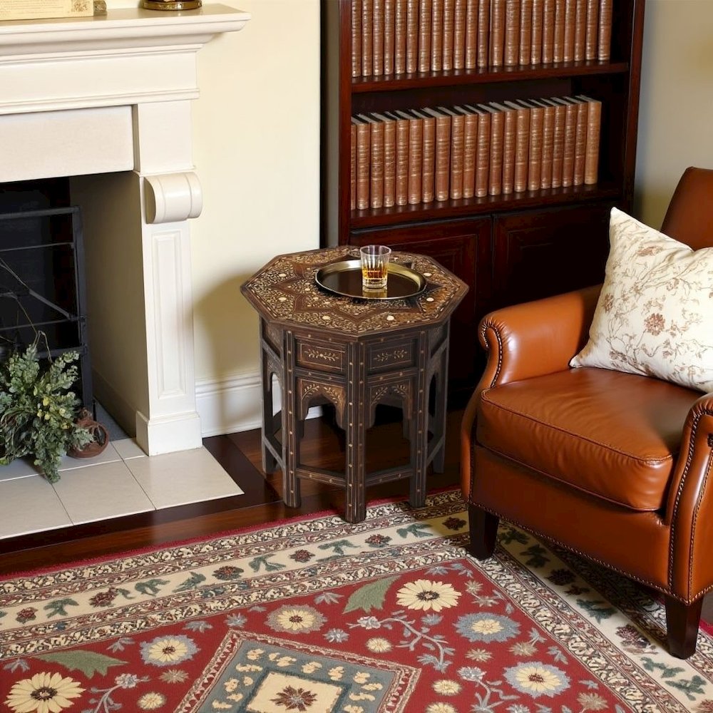 Vintage Side Table in Brown – Antique Side Table with Bone Inlay Design. Picture 2