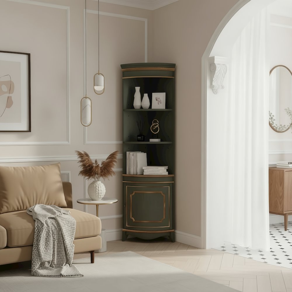 Dowling 24 in W x 73 in H Quarter Round Corner Cabinet, Pastel Green. Picture 2