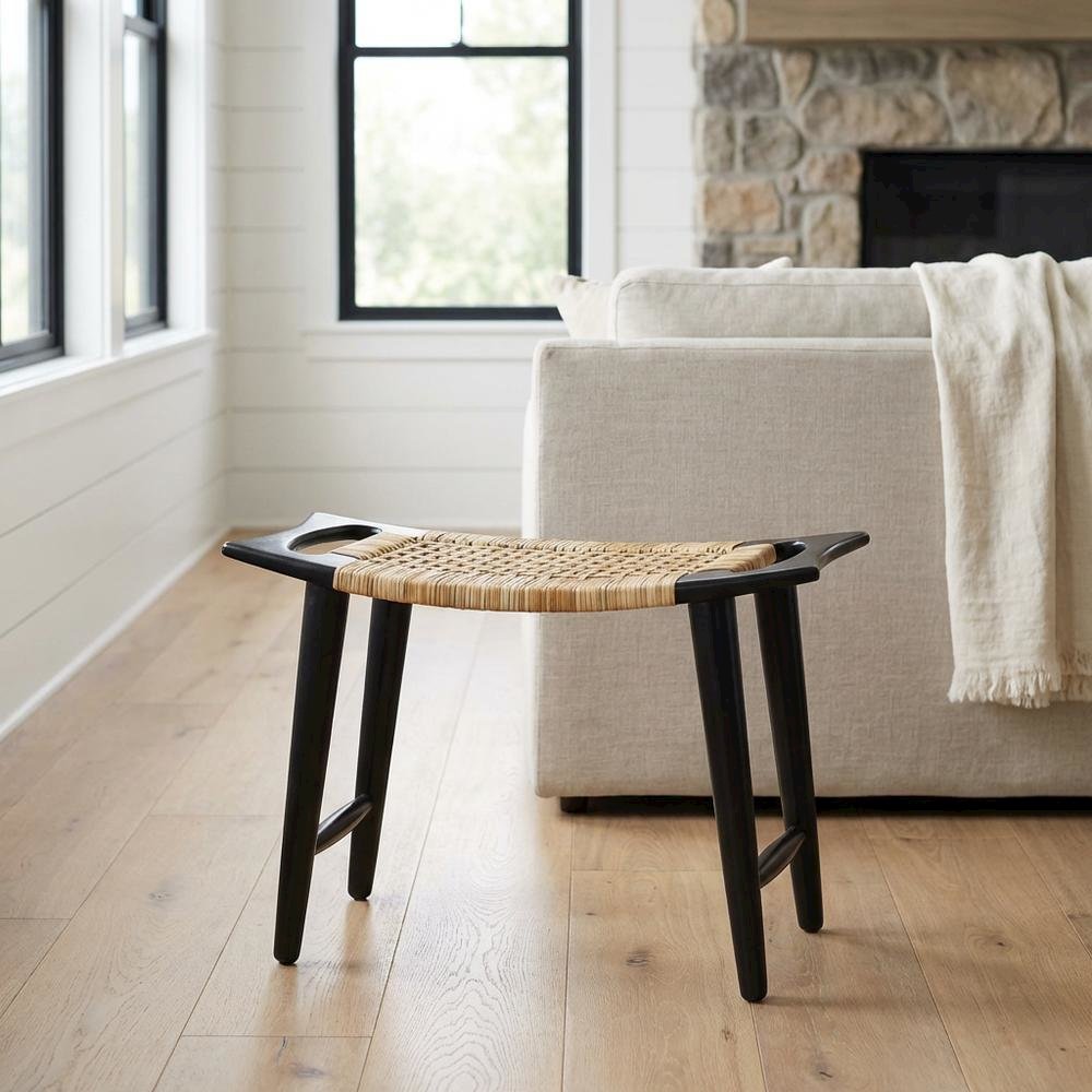 Coastal Rattan Accent Stool with Distressed Wood Finish for Living Room. Picture 2