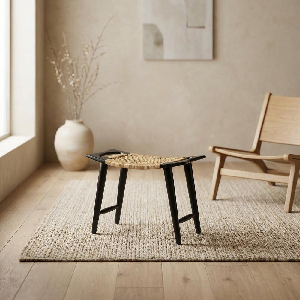 Coastal Rattan Accent Stool with Distressed Wood Finish for Living Room. Picture 3