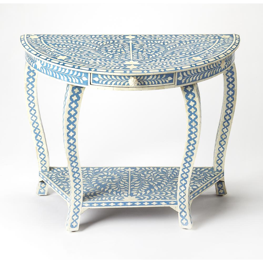 Vivienne Bone Inlay Demilune Console Table, Sky Blue. Picture 1