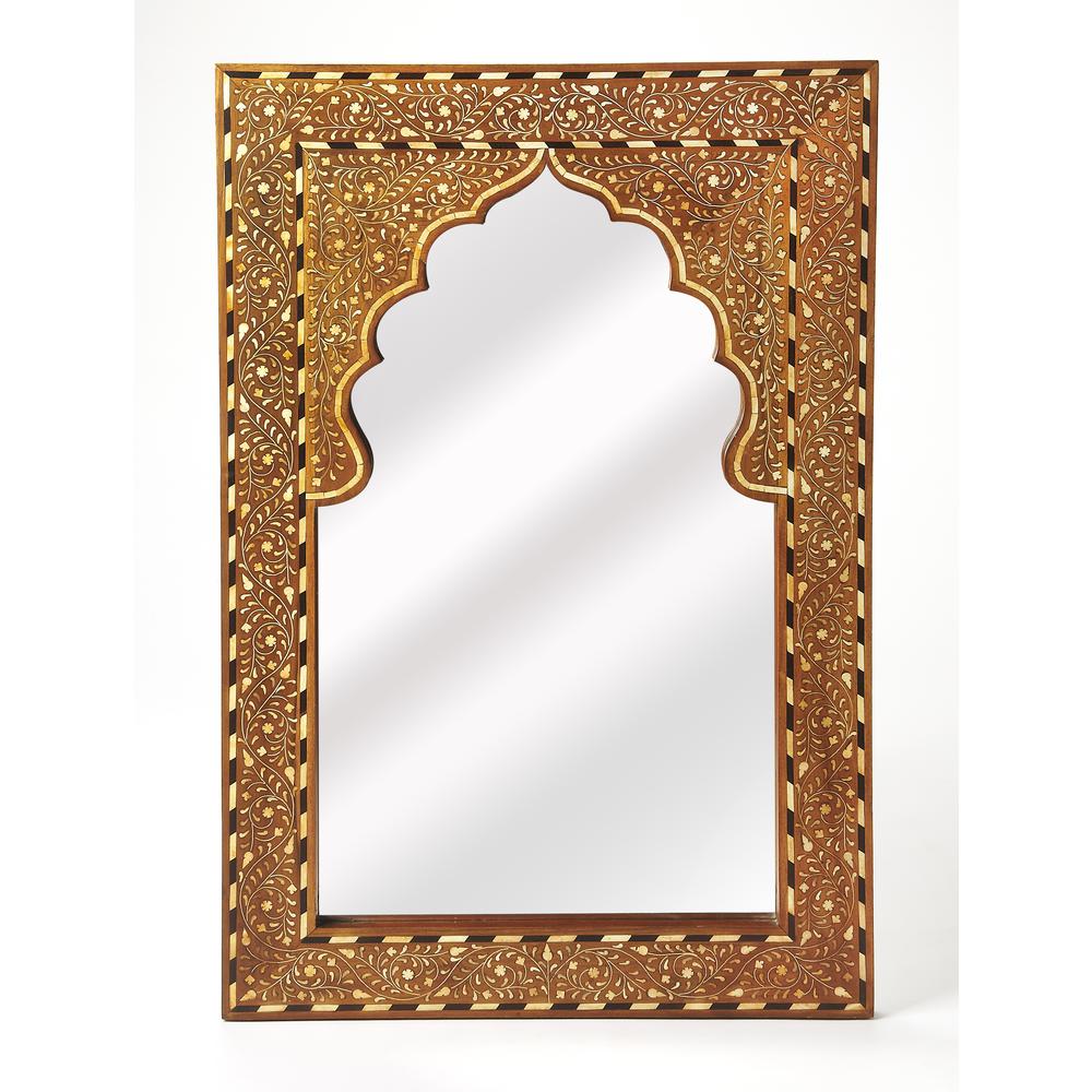 Chevrier Wood & Bone Inlay Wall Mirrored, Medium Brown. Picture 1