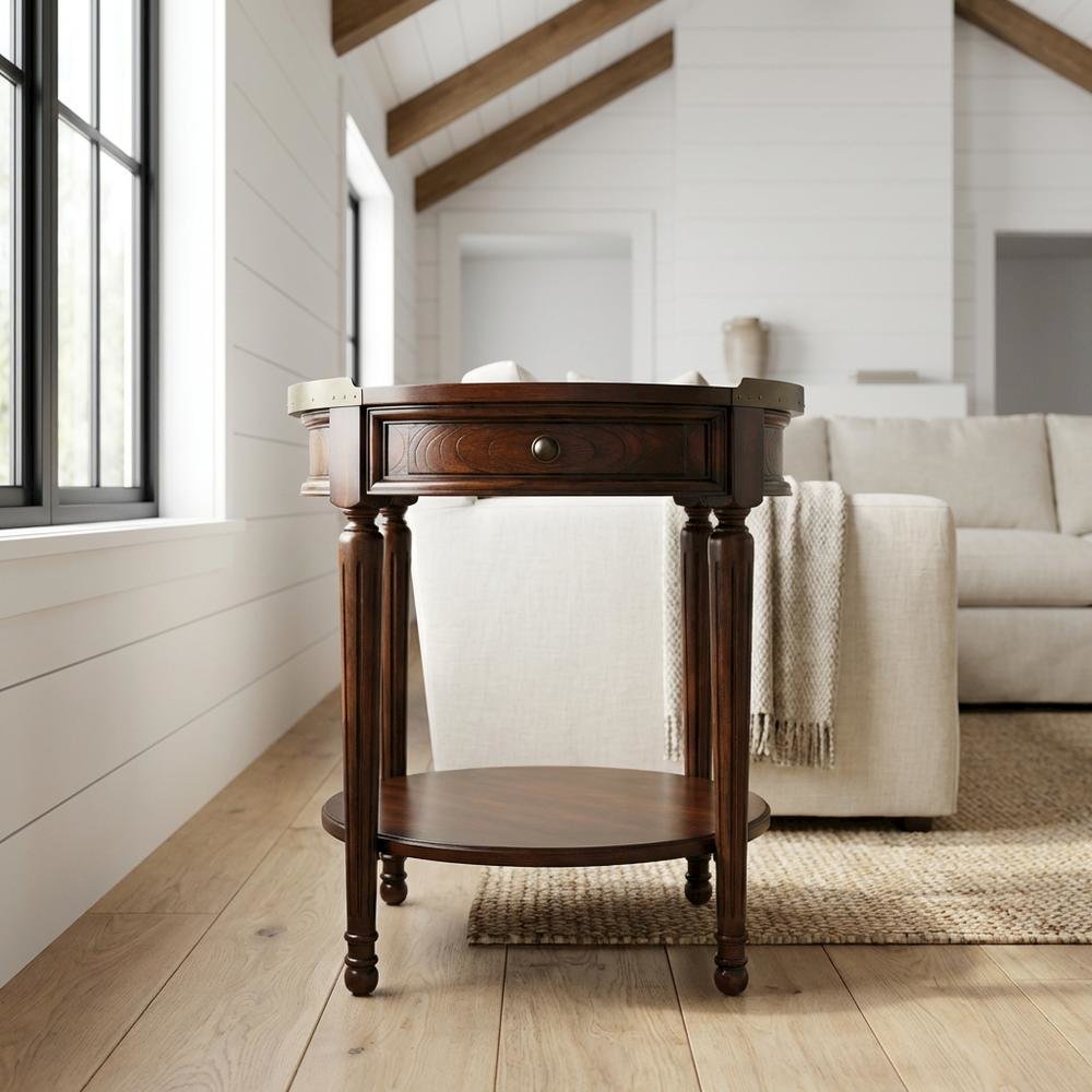 Round Side Table with Drawer, Transitional Accent End Table, Cherry. Picture 2