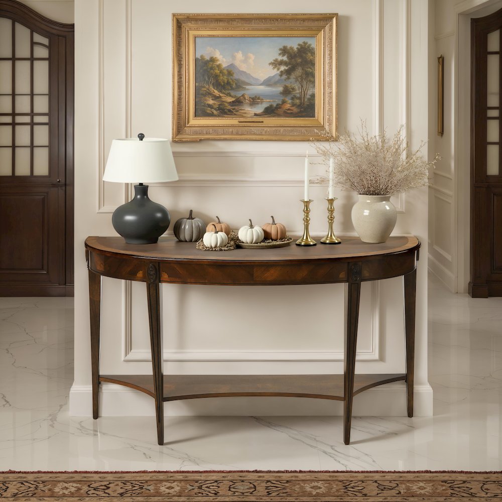 Astor Nutmeg Demilune Console Table, Dark Brown. Picture 4