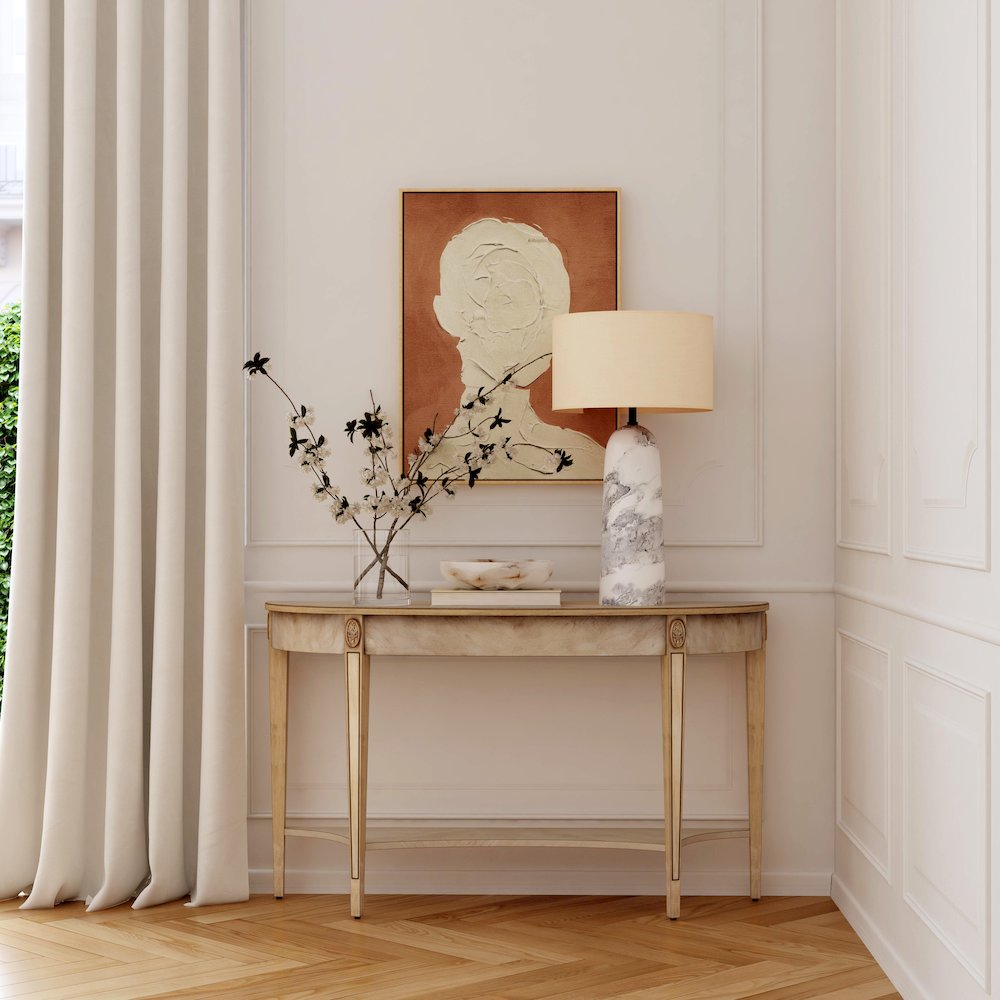 Astor 54"W Demilune Console Table, Tan/Beige. Picture 2