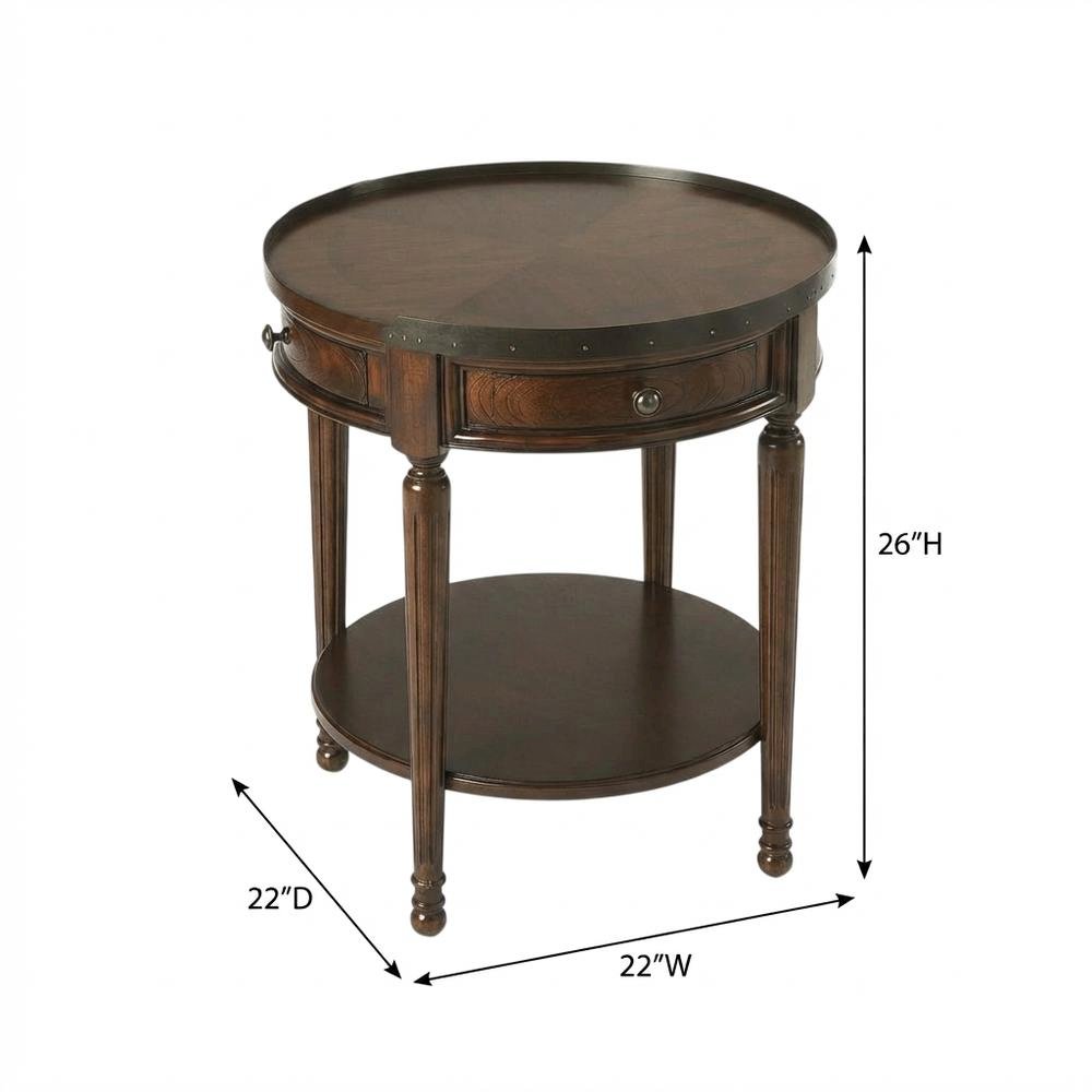 Round Side Table with Drawer, Transitional Accent End Table, Cherry. Picture 4
