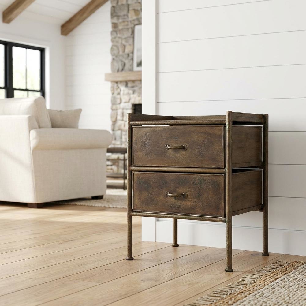Industrial Side Table with Drawer, Distressed Accent Table for Living Room. Picture 2