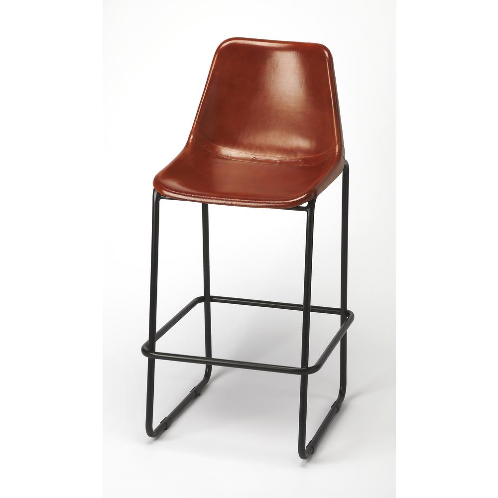 Myles Leather 28" Bar Stool, Medium Brown. Picture 1