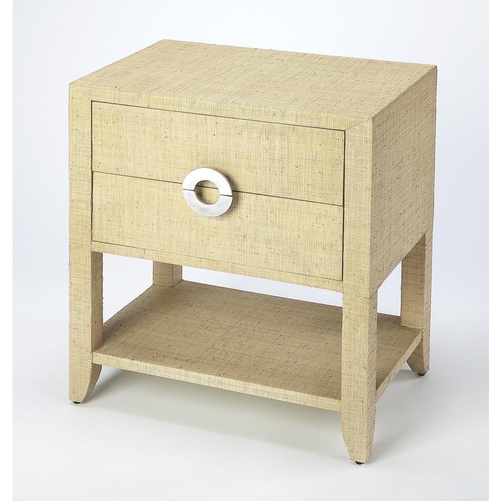 Amelle Raffia 2-Drawer Nightstand, Cream, Yellow. Picture 1