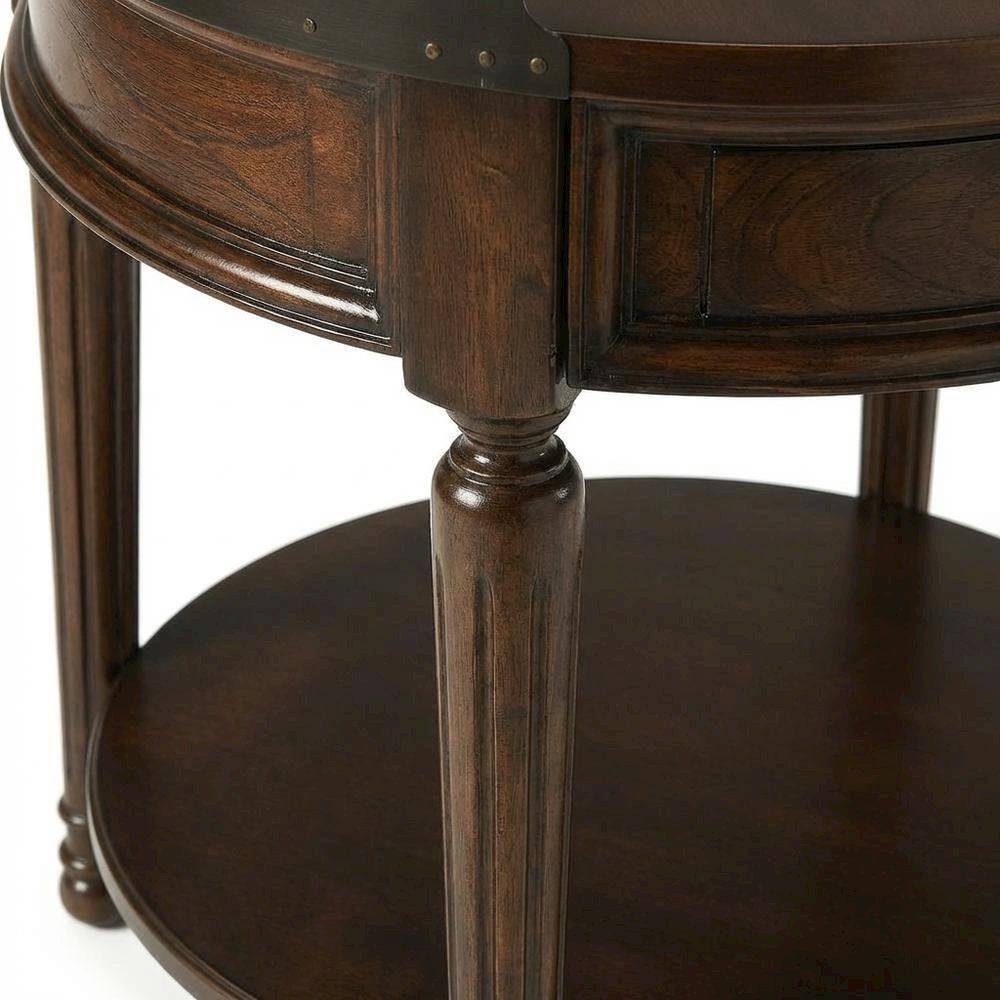 Round Side Table with Drawer, Transitional Accent End Table, Cherry. Picture 7
