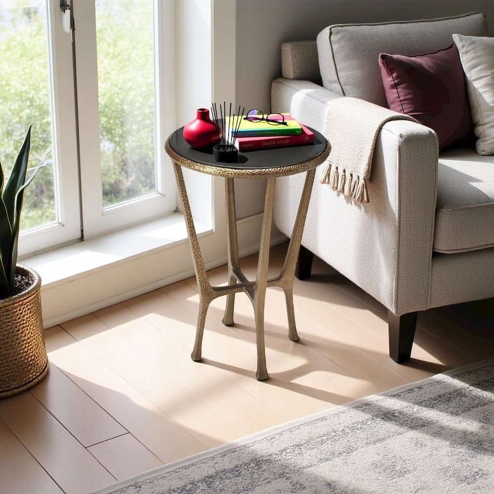 Stone Side Table – Unique Round Stone End Table with Metal Base Design. Picture 2