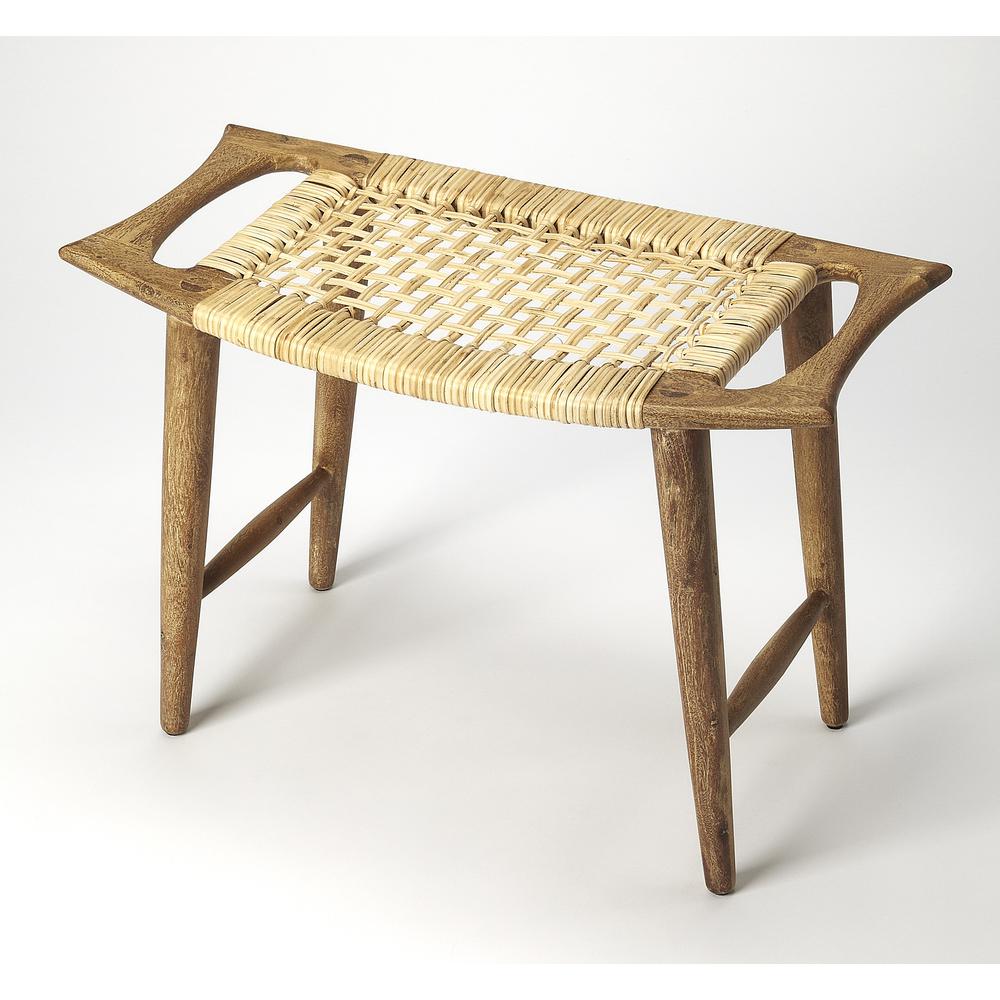 Tristan Natural Wood & Rattan Stool, Light Brown. Picture 1