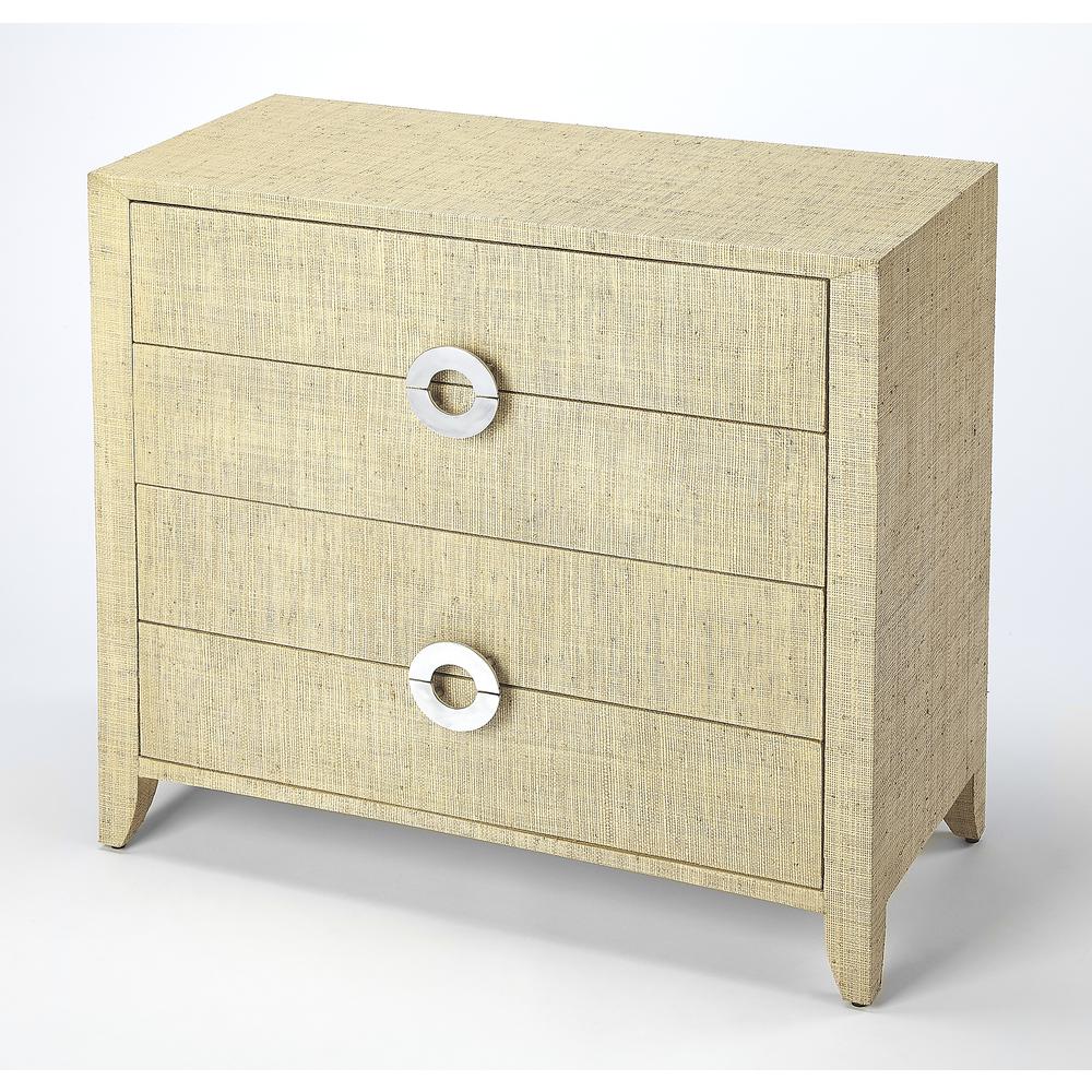 Amelle 4-Drawer Raffia Accent Chest, Cream, Yellow. Picture 1